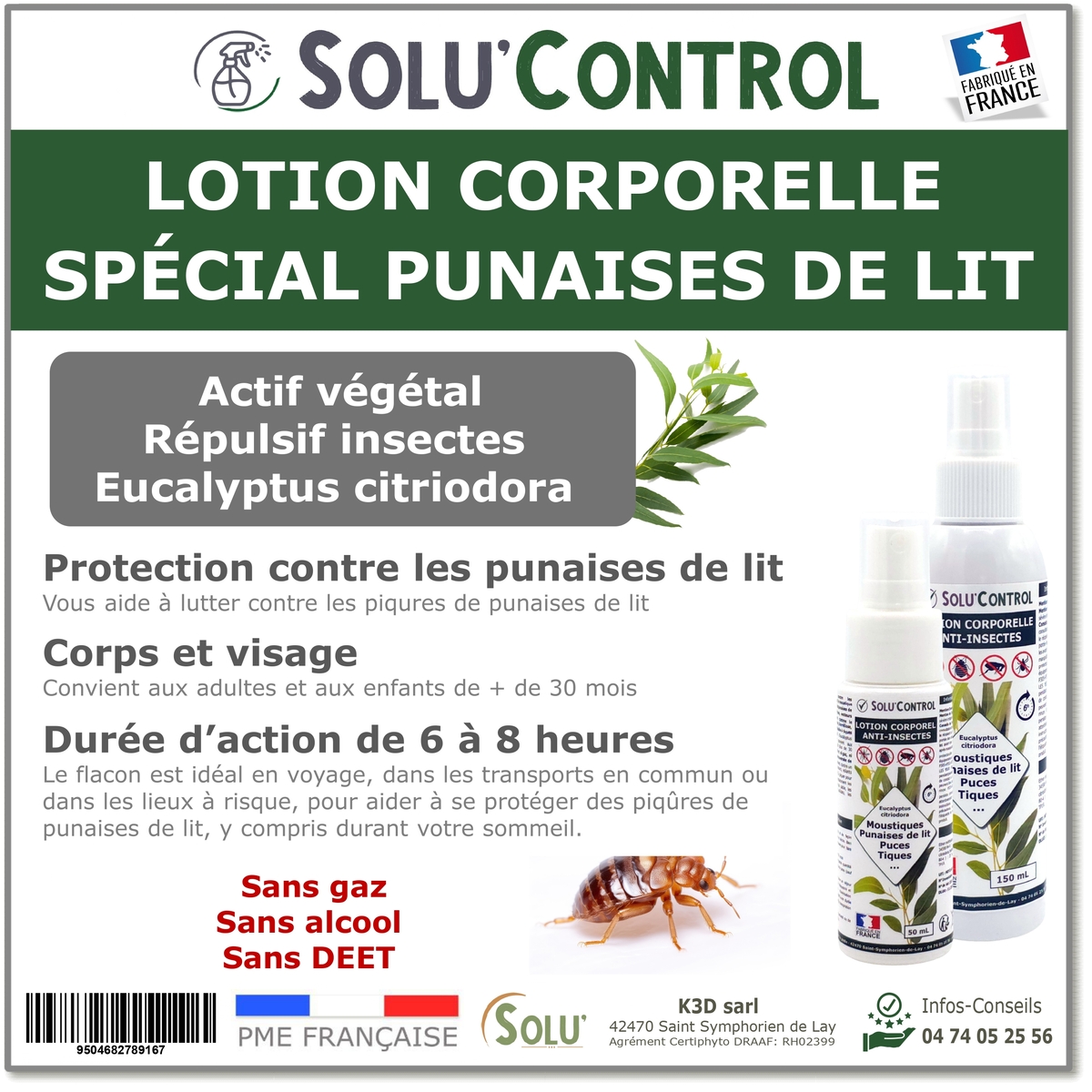 Lotion Corporelle Répulsif Punaise de lit, Solu